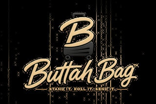 Buttah Bag logo with gold script text, a suitcase icon, and tagline Stand It. Roll It. Send It. on black background
