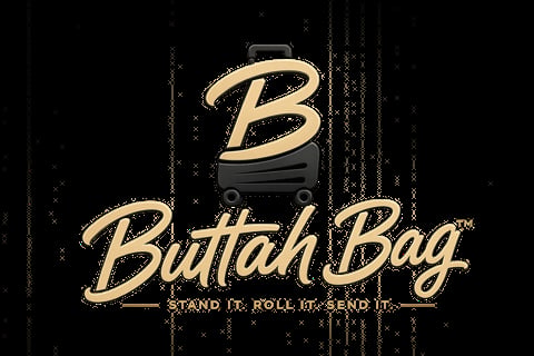 Buttah Bag logo with gold script text, a suitcase icon, and tagline Stand It. Roll It. Send It. on black background